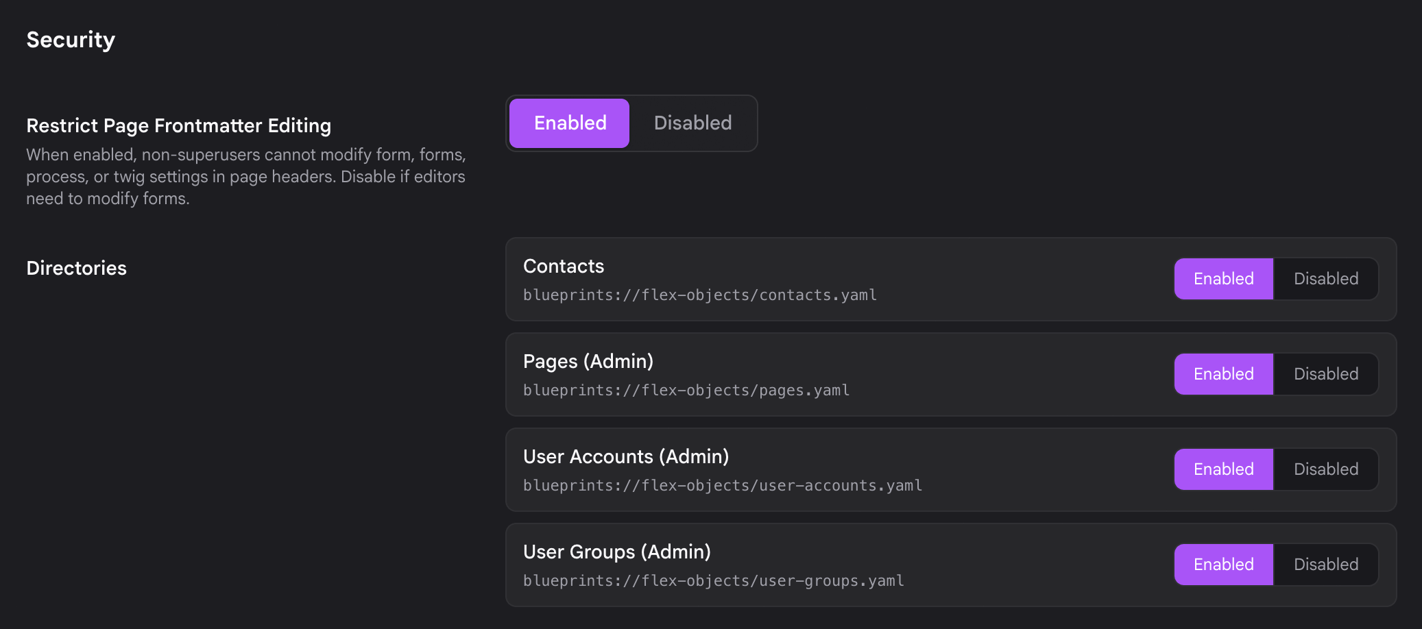Настройки плагина Flex Objects с включённым Contacts в поле Directories
