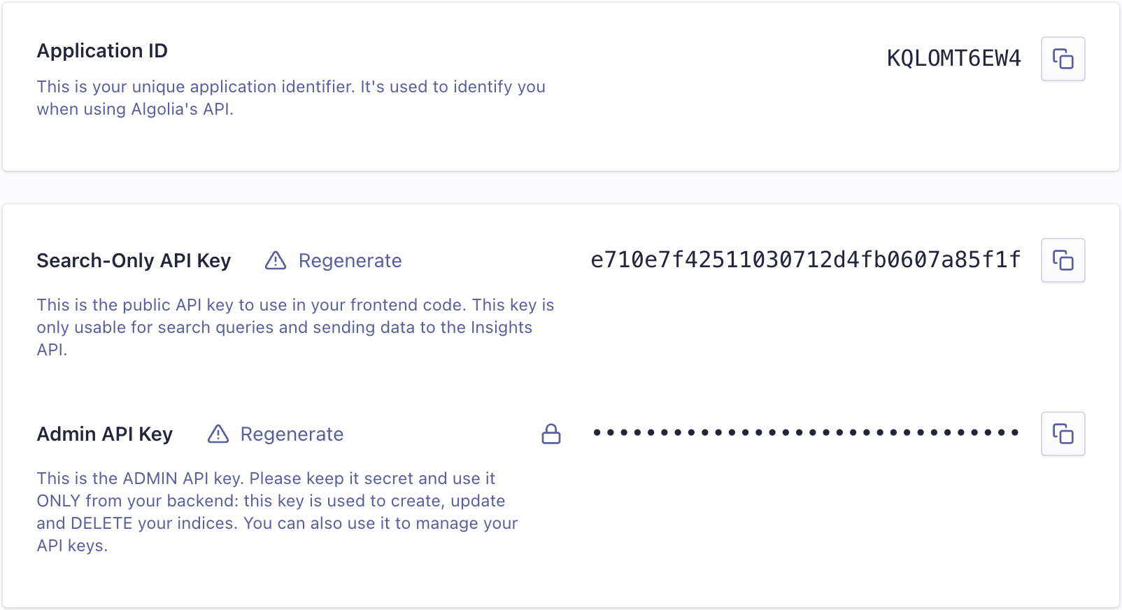 Ключи API Algolia