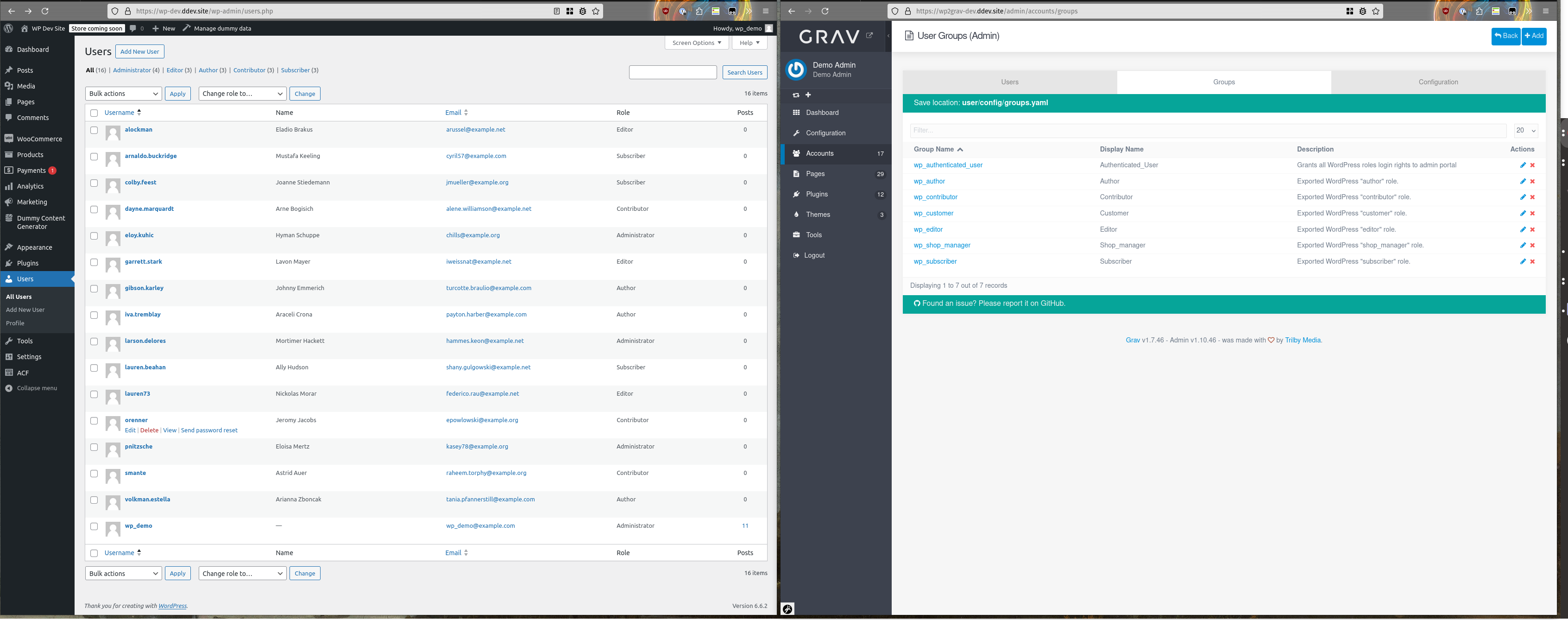 Роли WordPress, экспортированные в группы Grav
